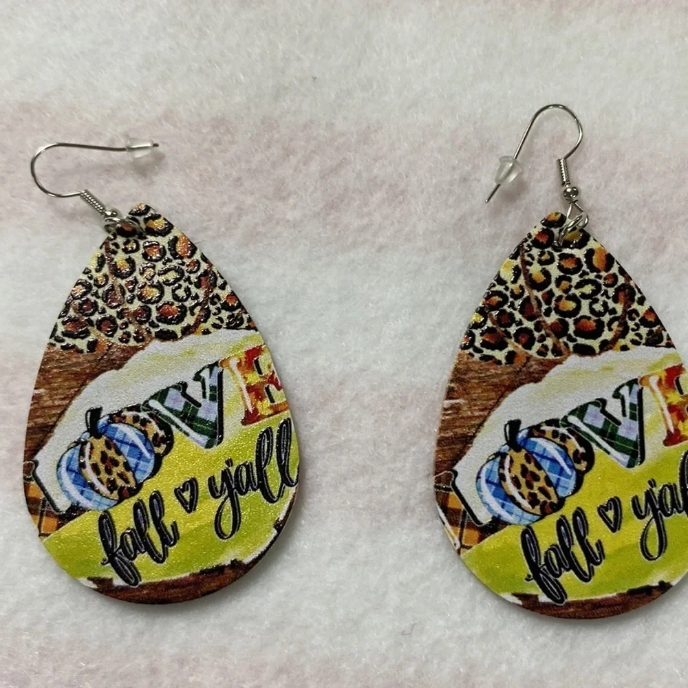 Faux Leather Tear Drop Fall Earrings Print both sides (CO)